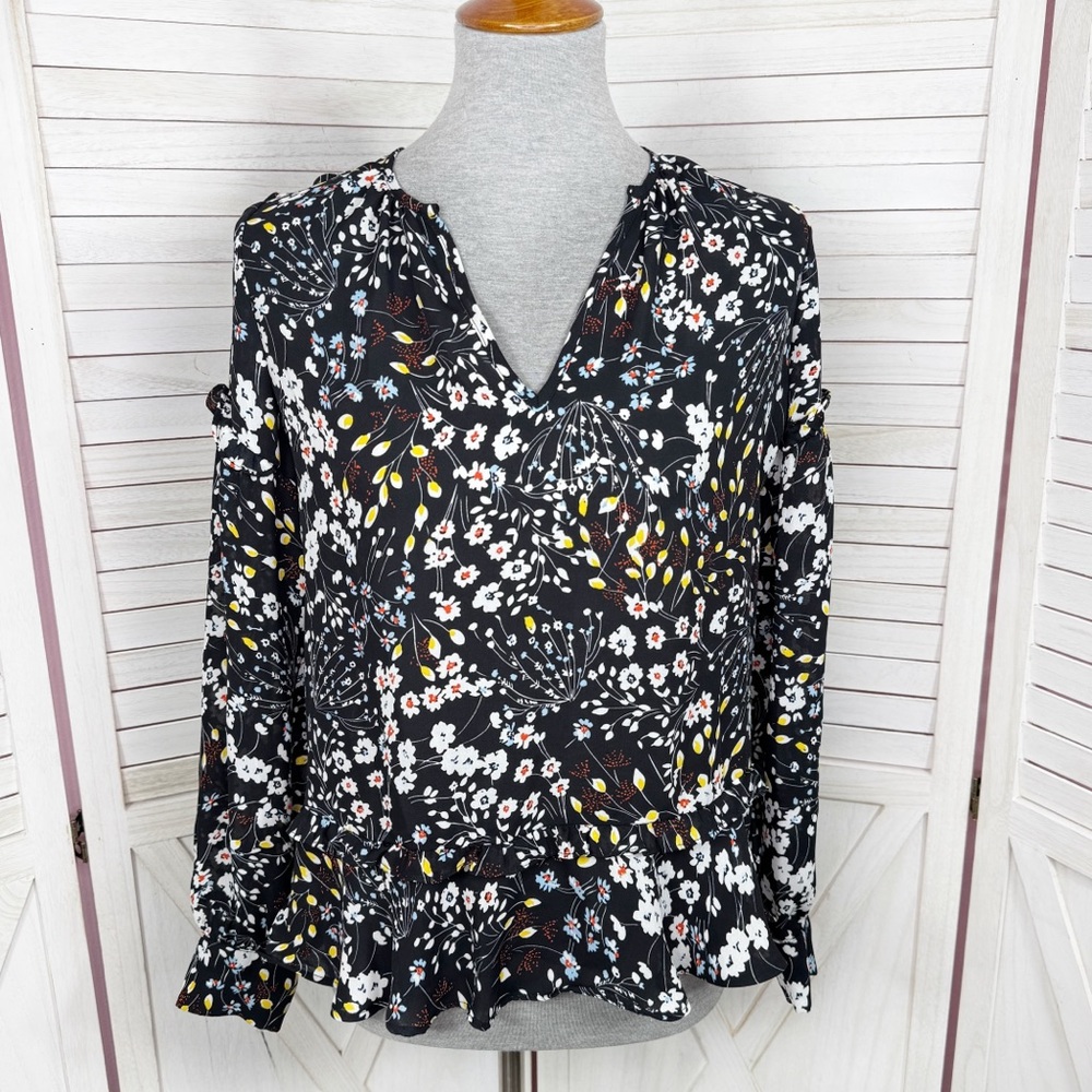 Parker Floral Ruffle Trim V Neck Long Sleeve Blouse Black Multi Small